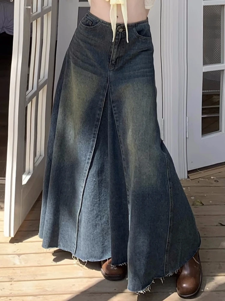 Jupe en jean plissée à volants taille haute pour femmes, jupes longues maxi pour femmes, jupe en jean, ligne A, style anglais, vintage, automne, hiver