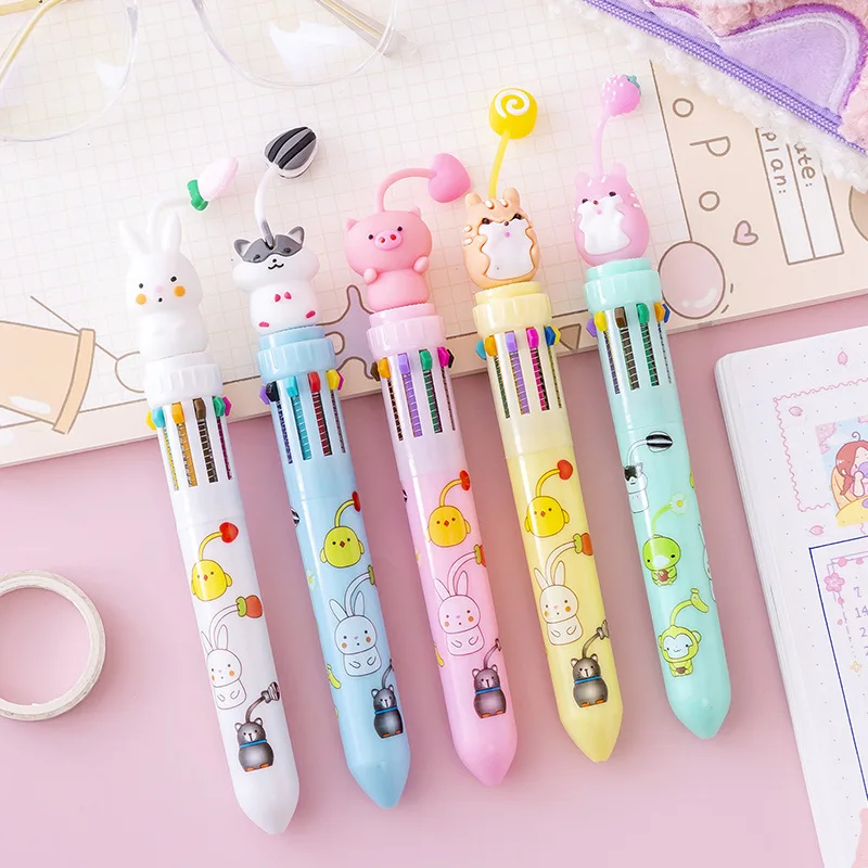 Imagem -02 - Caneta Esferográfica Multicolor para Crianças Papelaria Kawaii Pingente Bonito Coelho Pig Hamster Totoro Escola Escritório Presente 10 Cores 20 Pcs Lote