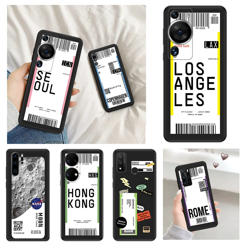 Matte Phone Case for Huawei P20 P40 P30 Moto G30 G31 G200 One Fusion Losangeles Seoul Travel Ticket Label Soft Black Case Funda