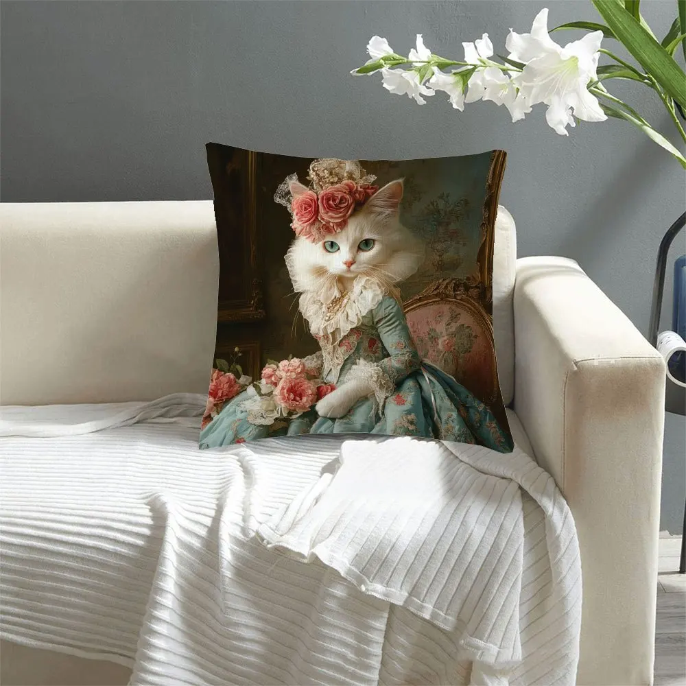 1pc Baroque Style Royal Cat Pillow Cover, Polyester 2D Double-Sided Print, Whimsical Victorian Cat Portrait, Luxury Vintage Home