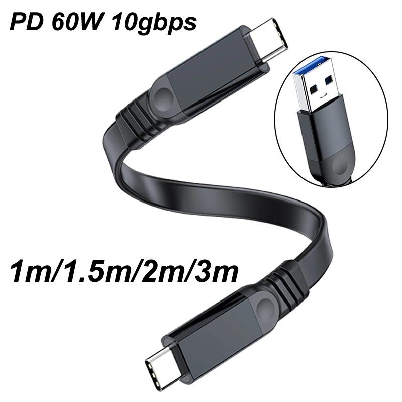 1m/1.5m/2m/3m USB 3.0 TYPE-C A 20V 3A PD 60W Flat Extension OTG 10gbps Data Fast Charging Cable For mobile phone Laptop USB C