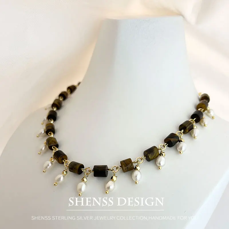 

Vintage Natural Freshwater Pearl Rice Pearl Tiger Eye Stone Necklace Bracelet Set