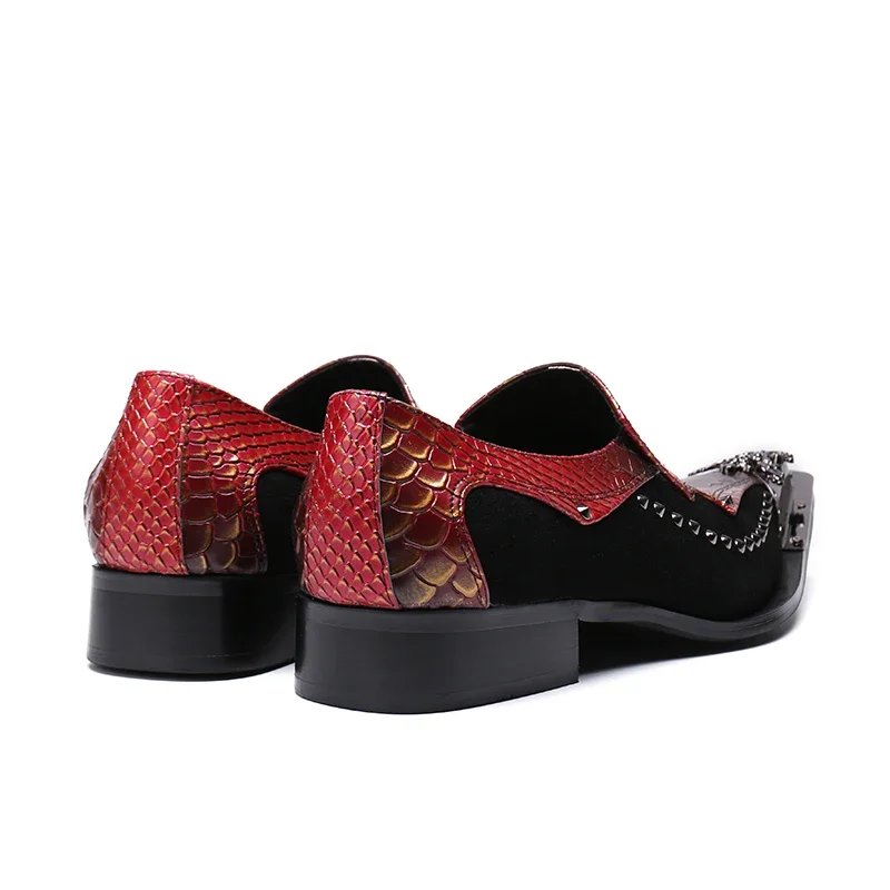 Metal Pointed Toe Rivet Leather Shoes Med Heels Slip On Suede Leather Patchwork Business Dress Shoes Fashion Wedding Shoes