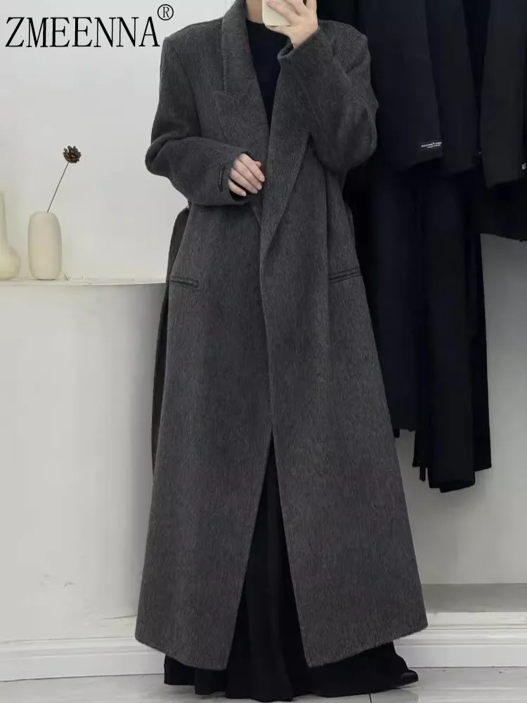 

ZMEENNA Womens Elegant Gray Wool Blend Wrap Coat Belted Waist Long Winter Outerwear Chic Maxi Length Overcoat Stylish ZM3436