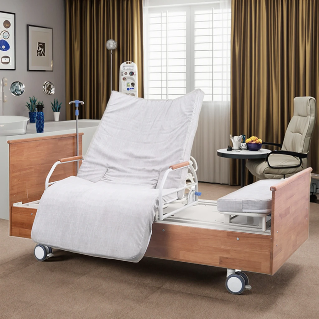 سرير رضاعة خشبي فاخر قابل للتعديل للعناية بالمريض المنزلي لكبار السن 5 وظيفة سرير مستشفى طبي كهربائي أوتوماتيكي دوار #1