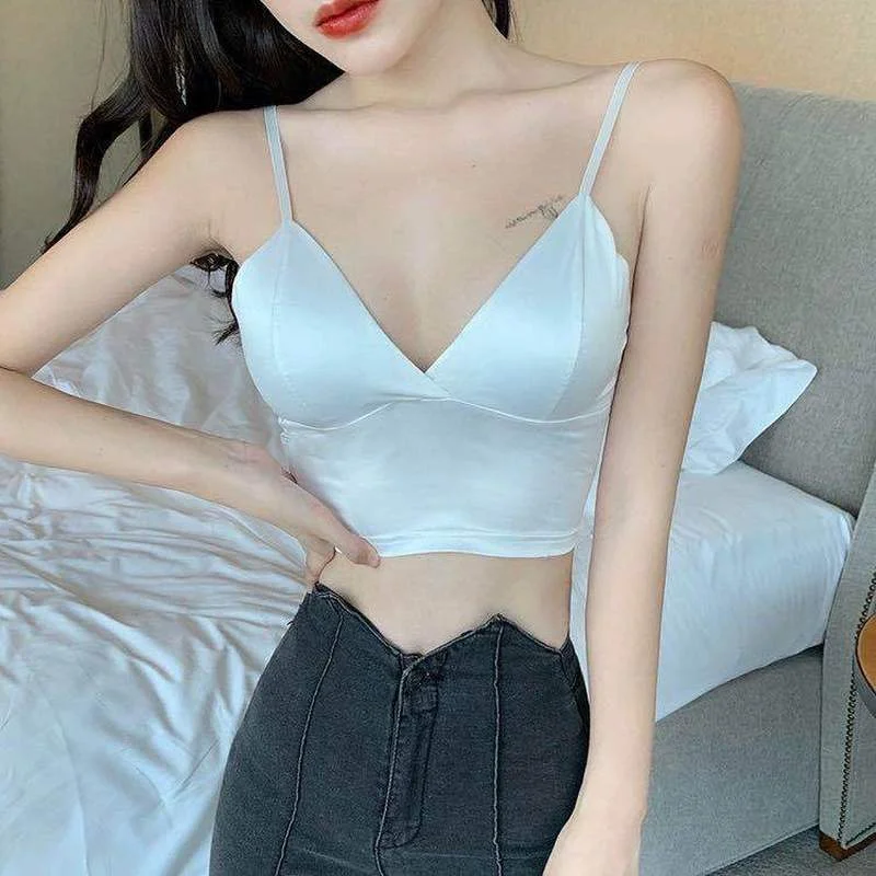 Ice Silk Satin Triangle Cup French Underwear Deep V Wrinkled Beautiful Back Outer Wear Inner Sleep Sling Wrapped Chest Vest