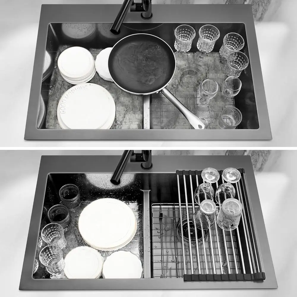 블랙 주방 싱크대, 더블 볼 주방 싱크대 또는 다수의 냄비와 프라이팬을 위한 33인치 x 22인치 드롭인 스테인리스 스틸 주방 싱크대 (싱크 스트레이너 포함)