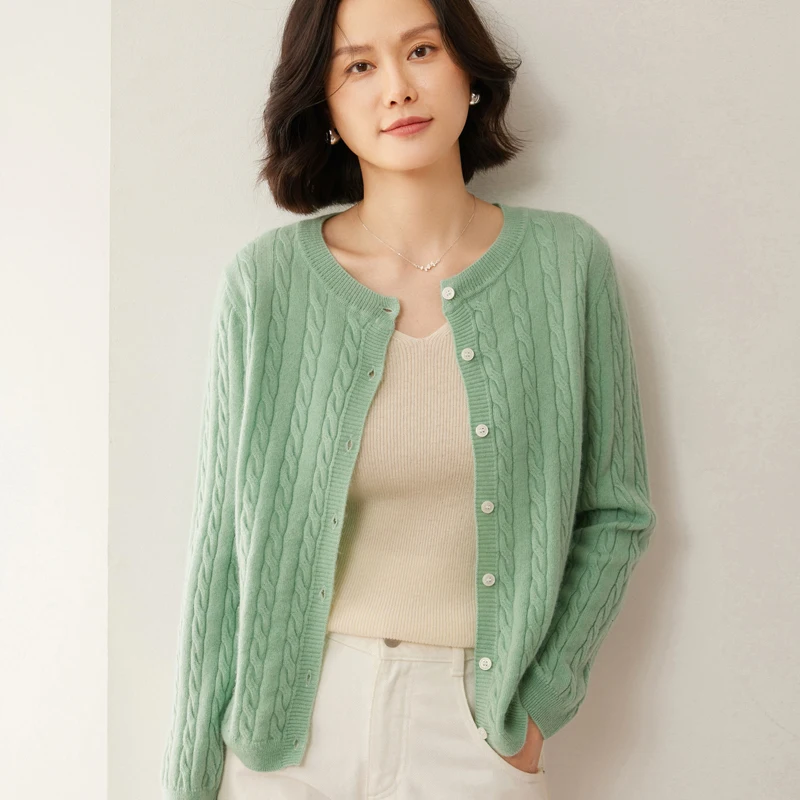 2024 Autumn/Winter New Women's 100% Pure Wool Knitted Round Neck Casual Fashion Wool Cardigan Looks Thin and Versatile