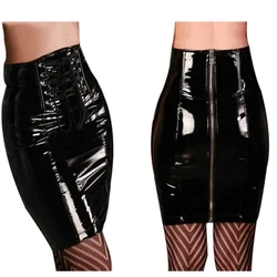 S-XXL Black Zipper Faux Leather Skirt Sexy Women Slim High Waist Straight Black PVC Skirt Vinyl Latex Bondage Clubwear Clothes