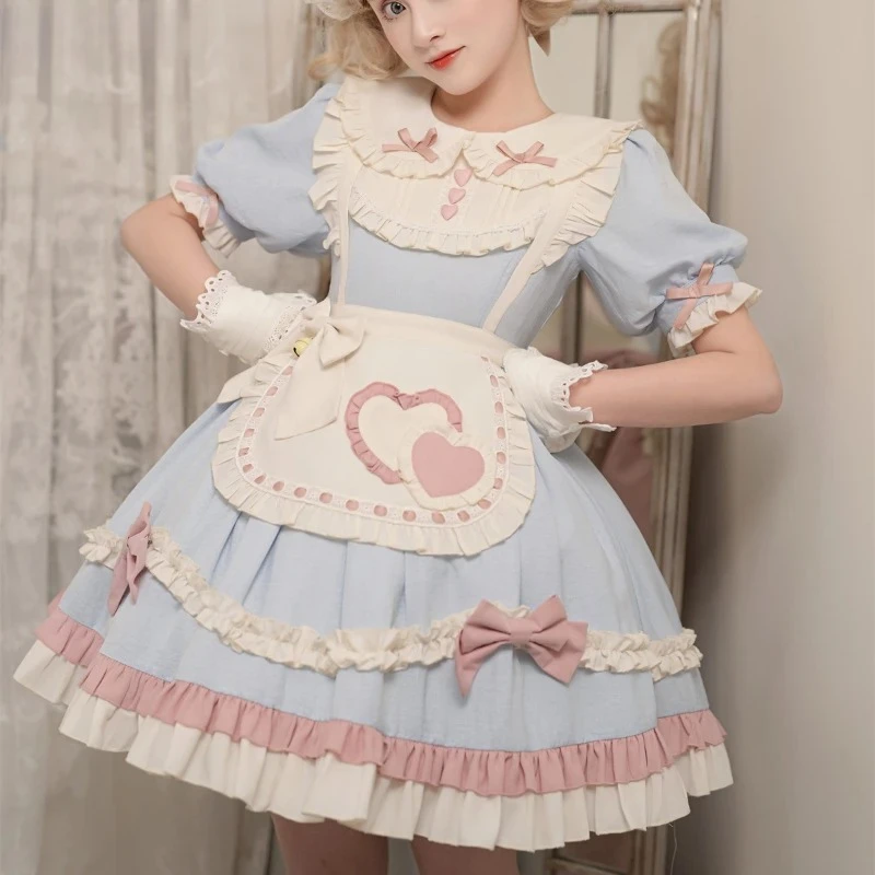 

Blue Lolita Dress Women Sweet Peter Pan Collar Bow Ruffles Apron Princess Dress Girls Harajuku Cute Lace Tea Party Dresses op