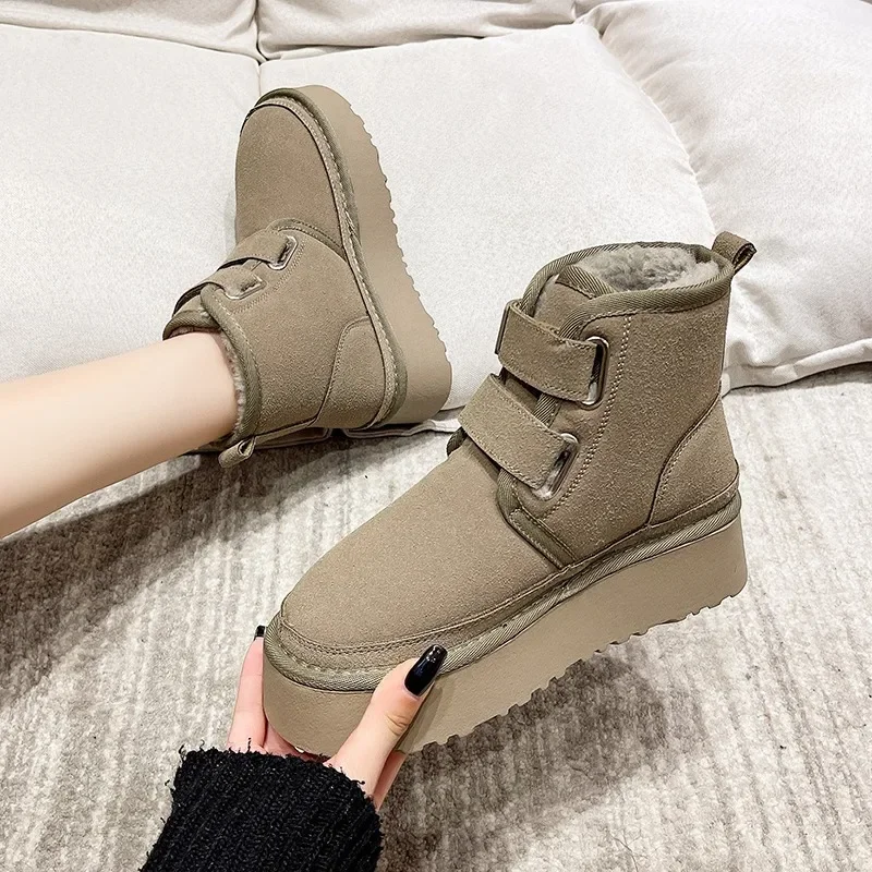 2024 Winter Outdoor  Ankle Snow Boots Ladies Plush Warm Shoes Classic Ultra Platform Cow Suede Furry Hook & Loop Flat Booties