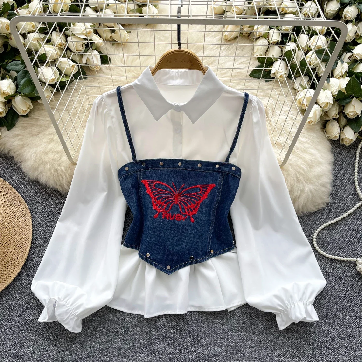 Chic Two-piece Sets Sweet Puff Sleeve Basics Shirt Slim Butterfly Embroidered Vest High Street Women Spring Autumn Clothing