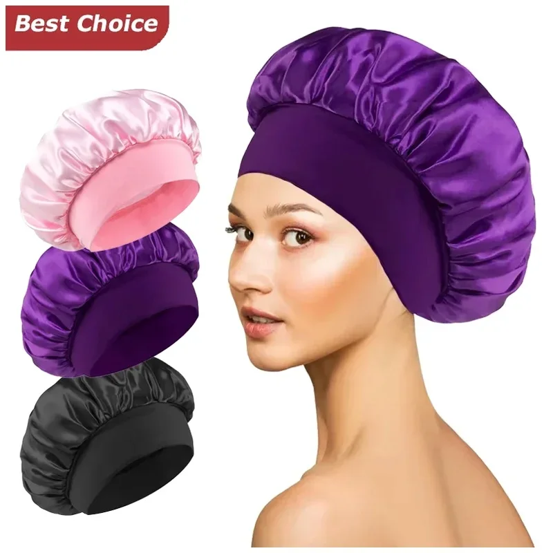 Wide-brimmed Women's Satin Sleep Shower Cap Solid Unisex Elastic Hair Wrap Cover for Long Hair Household Salon Tool New
