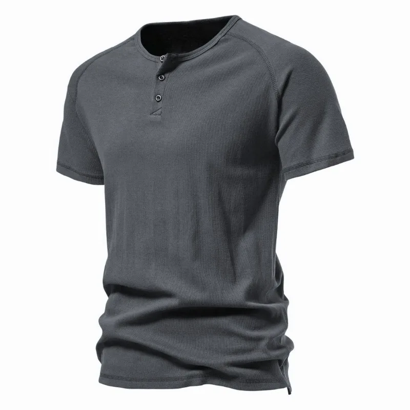 

New Foreign Trade Henley Shirt Men's Short Sleeved T-shirt Henley Collar American Retro Cotton Sports and Fitness Top