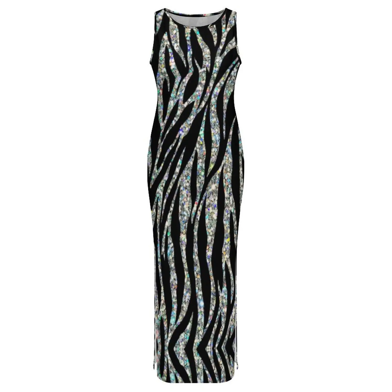 Abito aderente con zebra glitterato Abito estivo con stampa animalier astratta Abiti maxi casual Donna senza maniche Y2K Abito alla moda Taglia grande 3XL 4XL