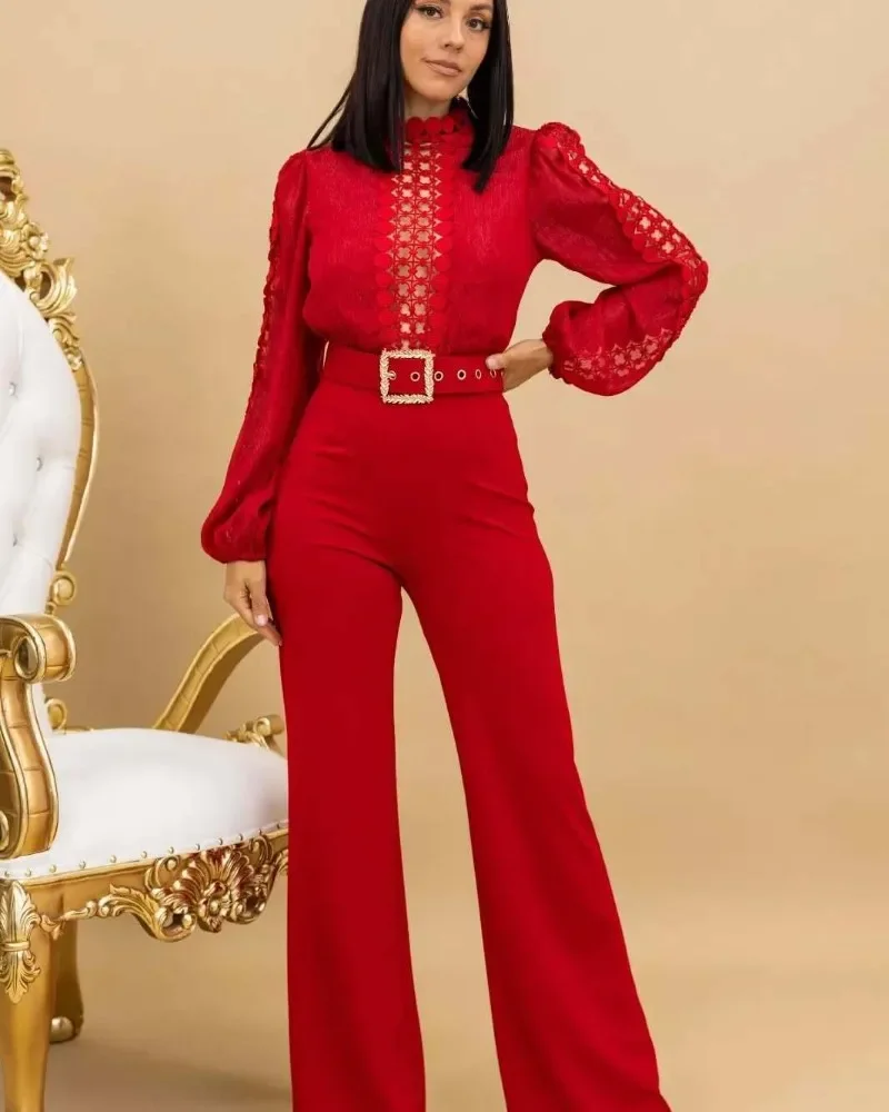 GUWU Tuta elegante patchwork in pizzo a maniche lunghe con lacci a gamba larga Autunno Inverno Tute da donna OL