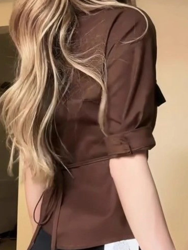 Vintage Hot Chick Polo Collar T-shirt Woman Half Sleeve Fashion Aesthetic Button Brown Slim Tops Autumn New Chic Design Clothes