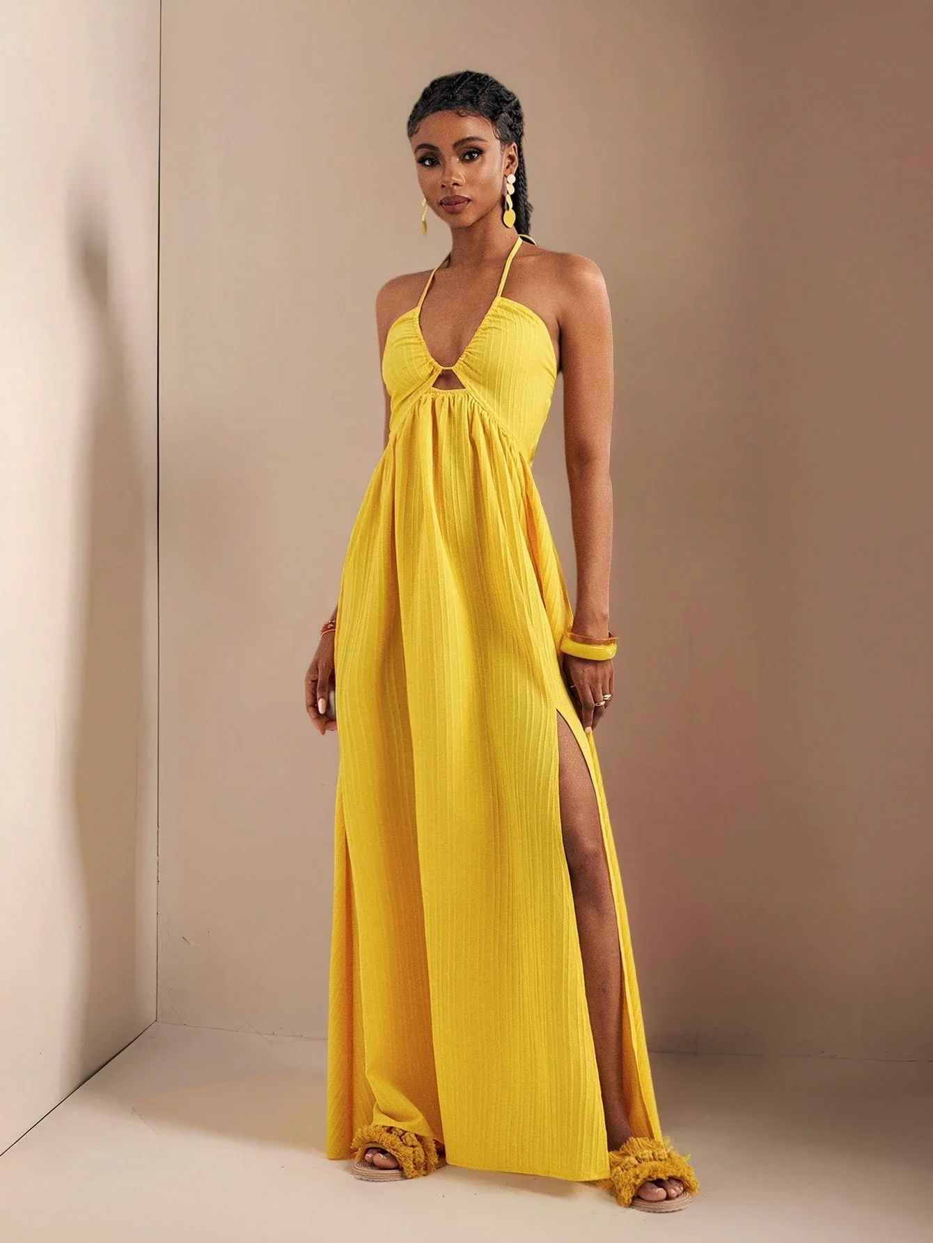 

Yellow Halter Neck Maxi Dress With High Front Slit Casual Beach Vacation Dress