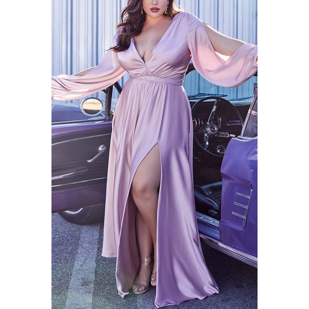 Plus Size Long Sleeve Satin V-neck Maxi Dress