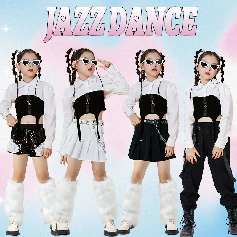 

2024 Fashion Kids Clothing White Crop Tops Loose Pants Suit Teenage Hip Hop Dance Costumes For Girls Jazz Stage Wear DQS15332