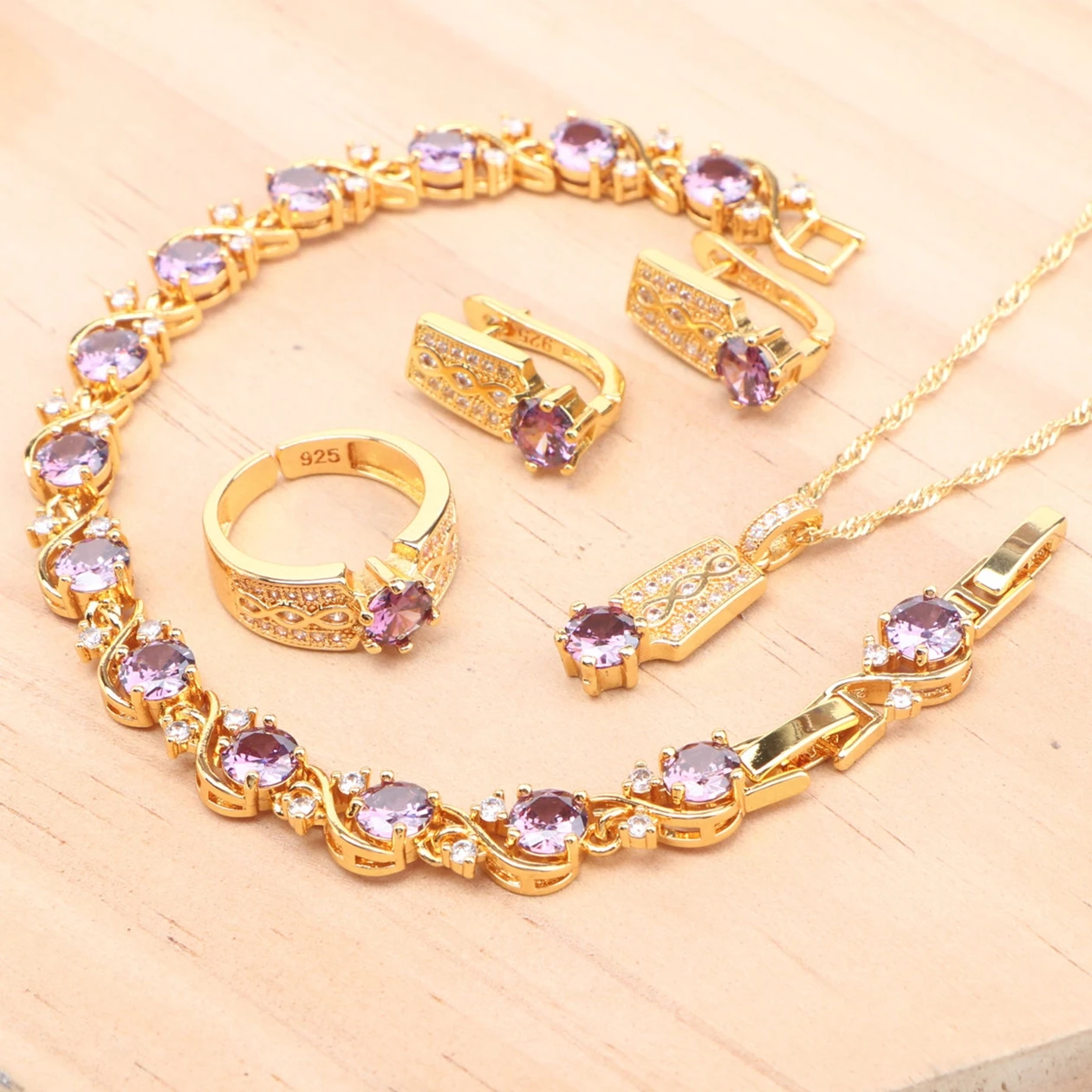 

925 Sterling Silver Jewelry Sets Bridal Women Gold Color Purple Zircon Earrings Ring Bracelets Pendant Wedding Necklace Set