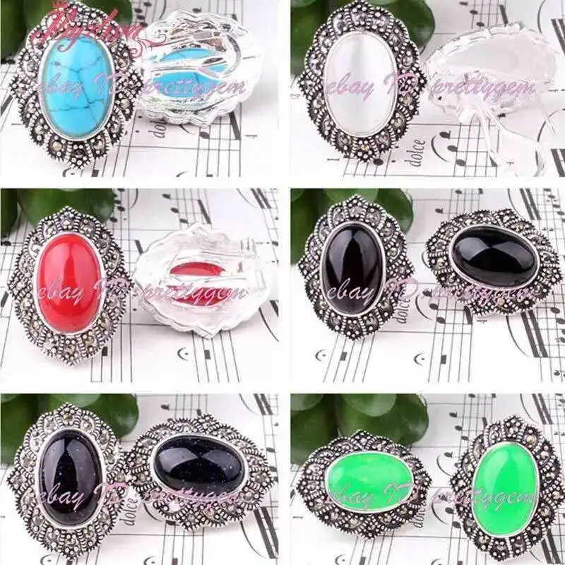 

10x14mm Oval Stone Beads: agate/jade/sandstone Handwork Marcastie Tibetan Silver For Gift Trendy Fashion Clip Earring 1 Pair