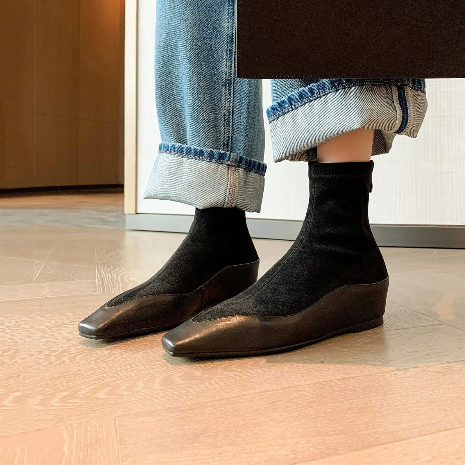 Arden Furtado Brown Cowhide Intrinsic Elevation Short Boots Square-Head Back Zipper Middle Heel Modern Boots Large Size