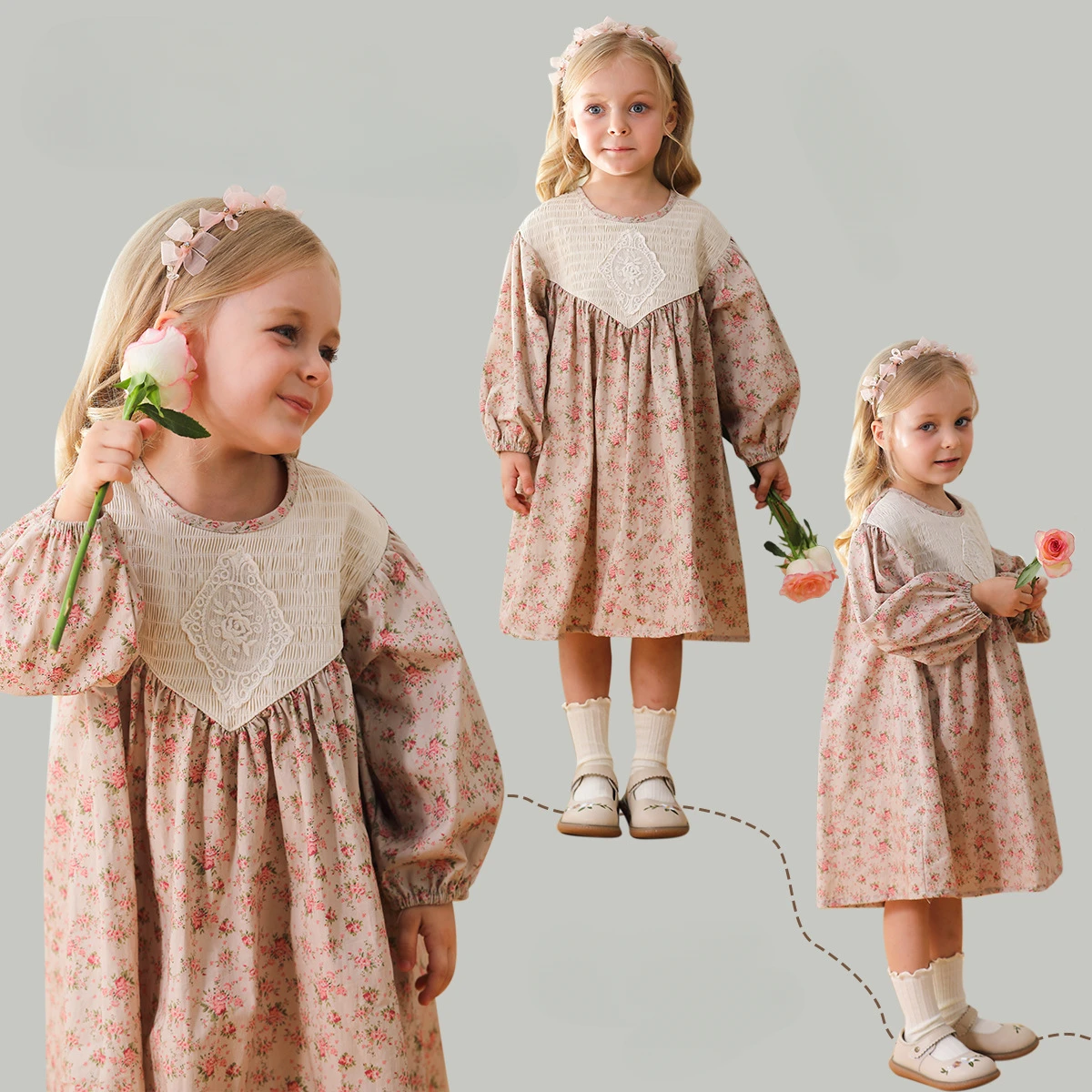 Autumn New French Retro Floral Girls\' Dress Sweet Lace Long Sleeved Children\'s Princess Dress Flower Girl Dresses for Weddings