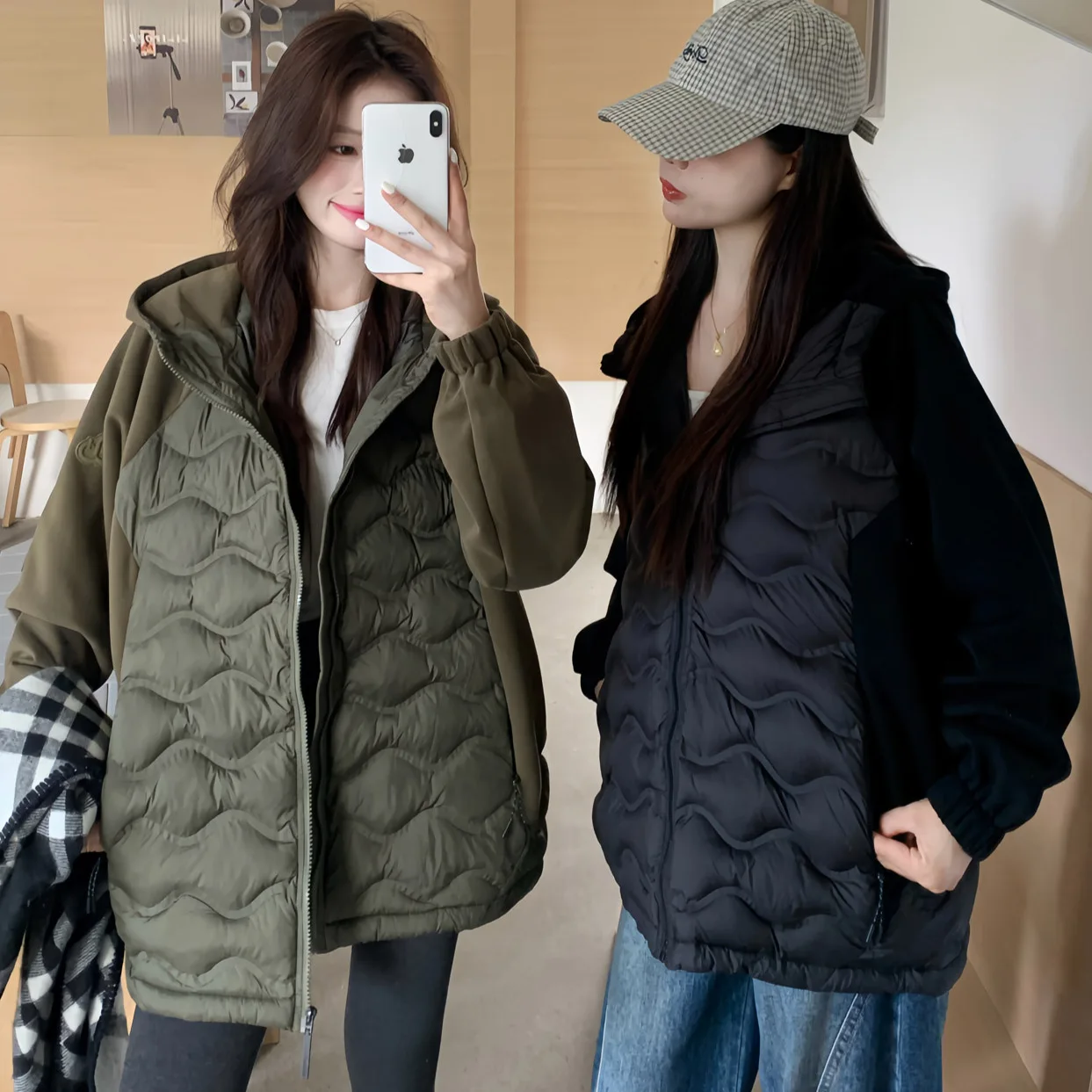 Spliced Short Women Parkas Coats Hooded Overcoats Solid Zipper Long Sleeves Loose Fit Thin Office Lady Casual Autumn Winter 2025