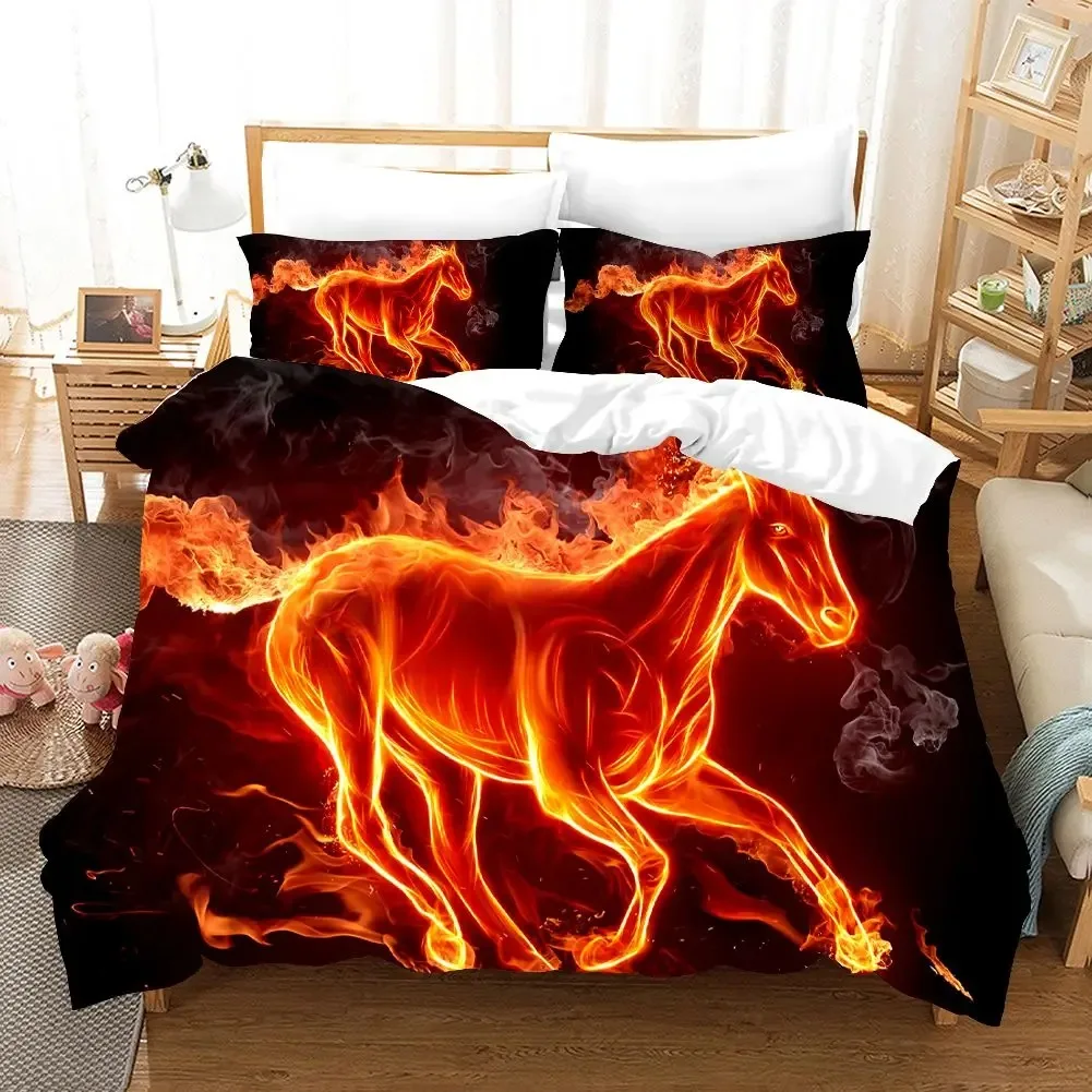 Ice and Fire Riding Horse Duvet Cover Set King Size,Flame Horsing Bedding Set,Western Cowboy Exotic Farmhouse Comforter Cover