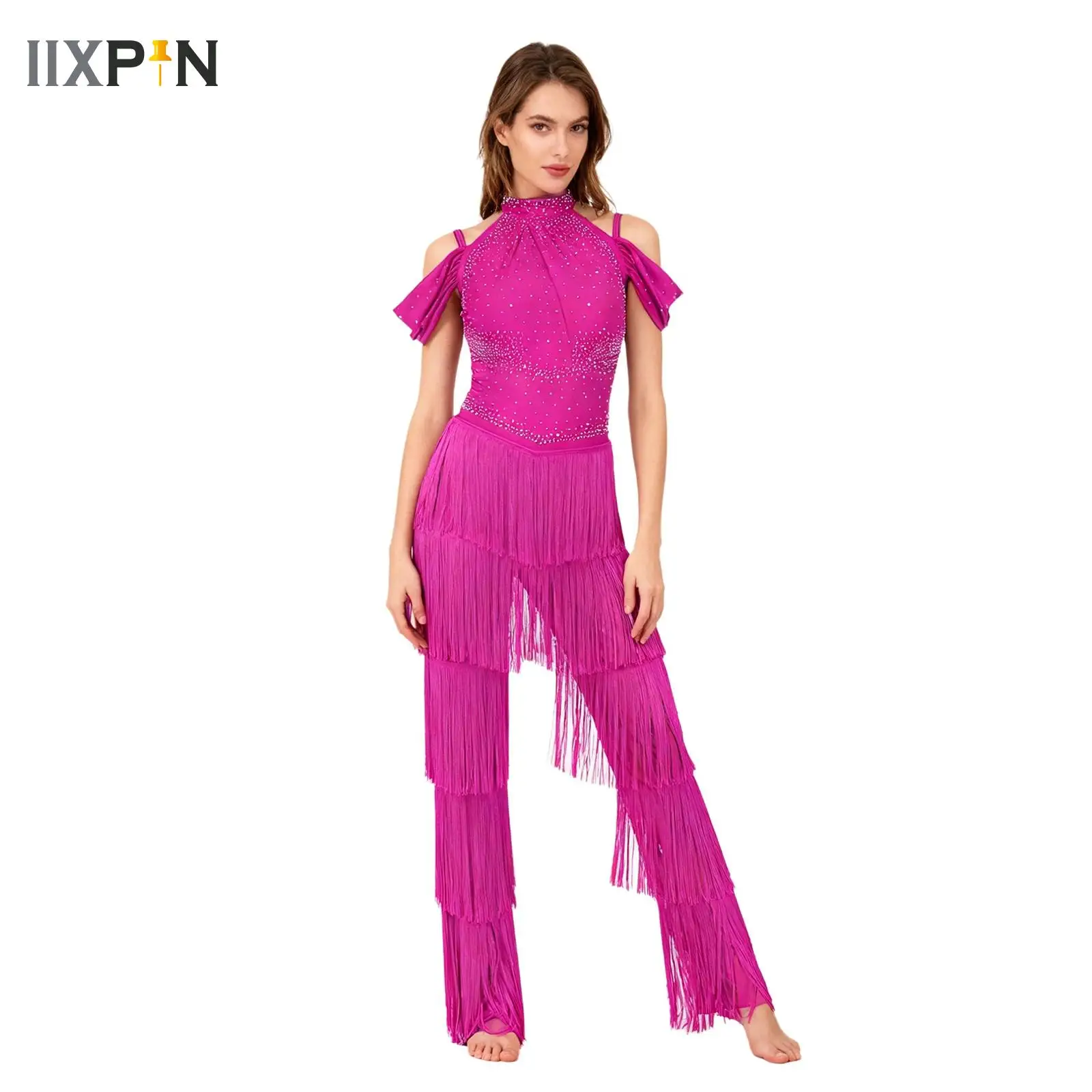 Women 70-80s Disco Jumpsuit Latin Jazz Dance Cha-cha Bodysuit Rhinestones Tassel Jumpsuit Halloween Carnival Cosplay Performance