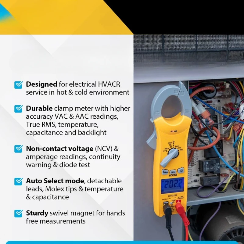 Compact HVACR Clamp Multimeter SC260 – True RMS Clamp Meter with Temperature, Capacitance & Backlight，home.