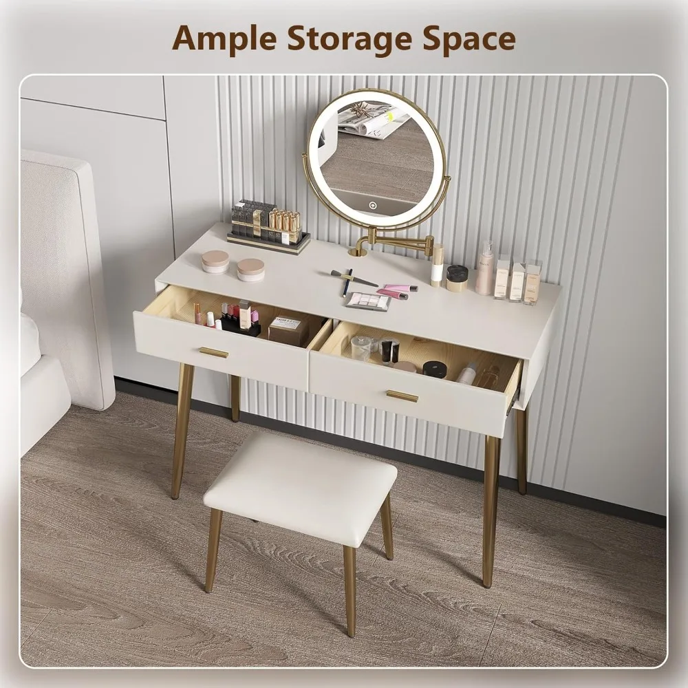 Ensemble de table en span avec miroir rotatif à 360 ° et éclairage, équipé de cuir microcarence, 2 portes de proximité, meubles tabouret beige