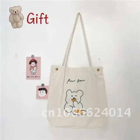 Cute Embroidered Bear Women's Corduroy Shoulder Bag Eco-Friendly Canvas Tote Sack Reusable Foldable Daily Shopping Bag