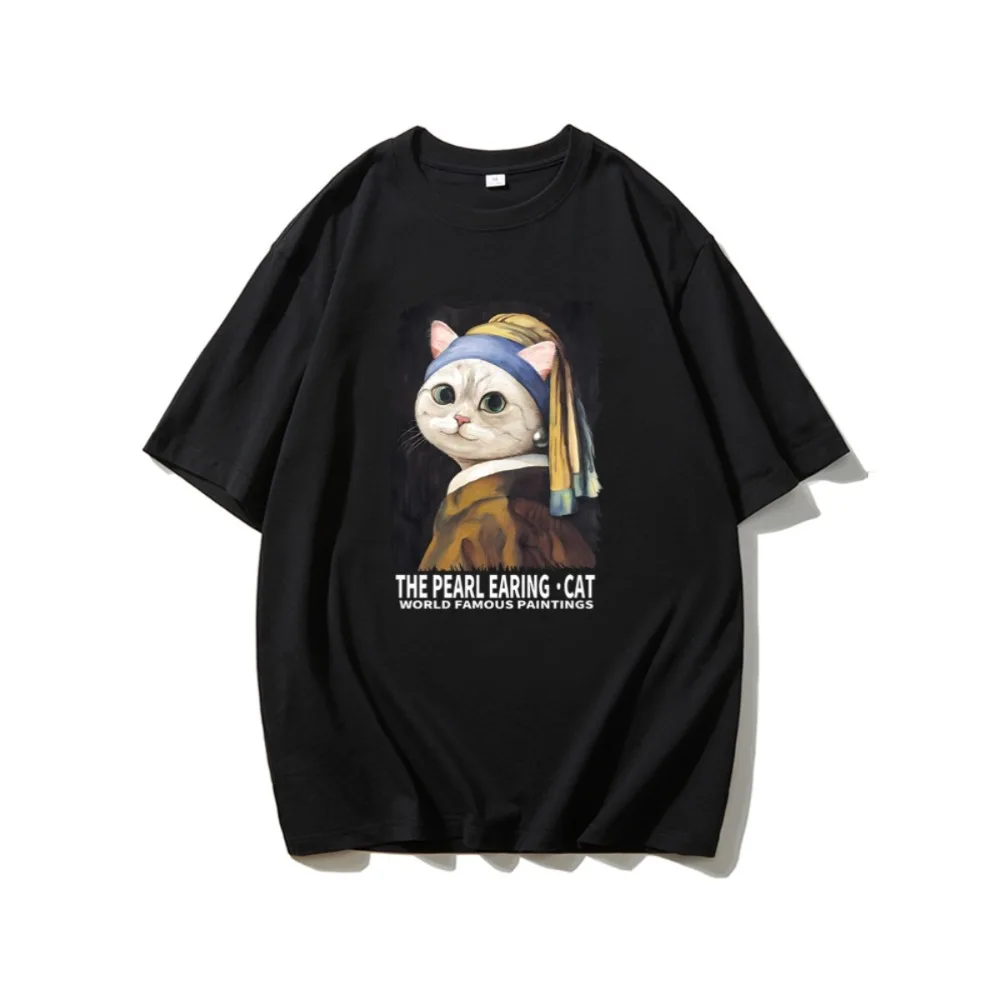 

Cat with Pearl Earrings + Girl Short-sleeved T-shirt Pure Cotton World Famous Painting Men's and Women's Tide Brand Loose Summer
