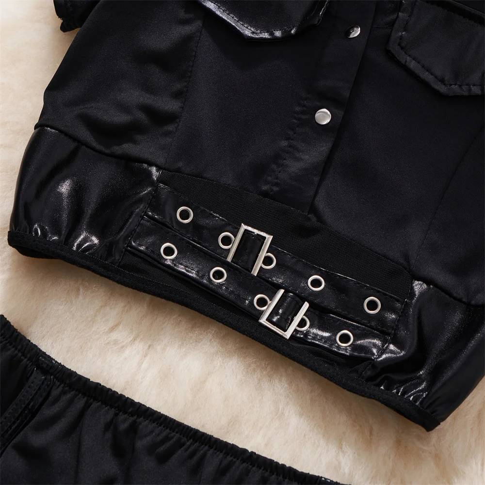 Sheer Short Sleeve Shirt With Elastic Waist A-Line Mini Skirt Set Sexy Policewomen Cosplay Uniform Black Metal Erotic Lingerie