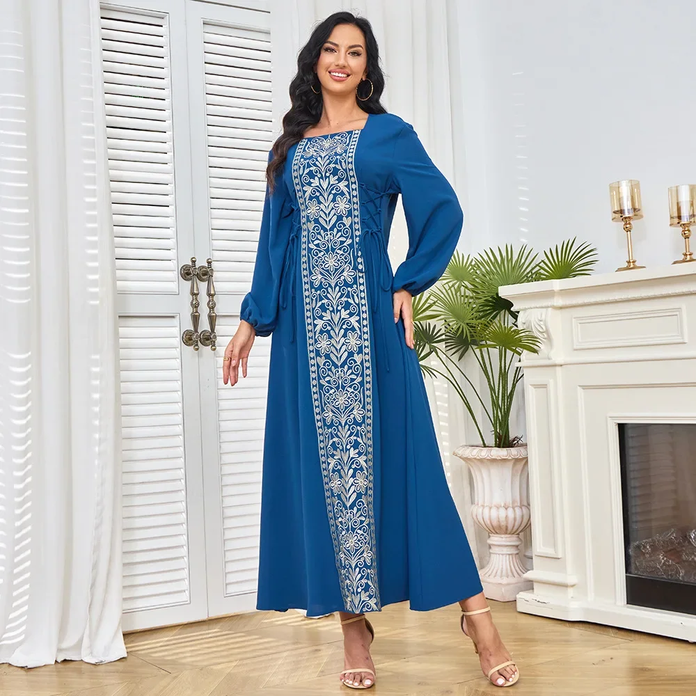 New Style of European and American Ladies' Long Gowns, Embroidered with A Cinched Waist, Evening Dresses, Muslim Dresses.