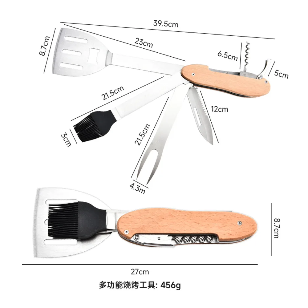 

EDC Multi-functional Stainless Steel Wooden Handle Barbecue Brush Shovel Outdoor Portable Camping Folding Tableware Set