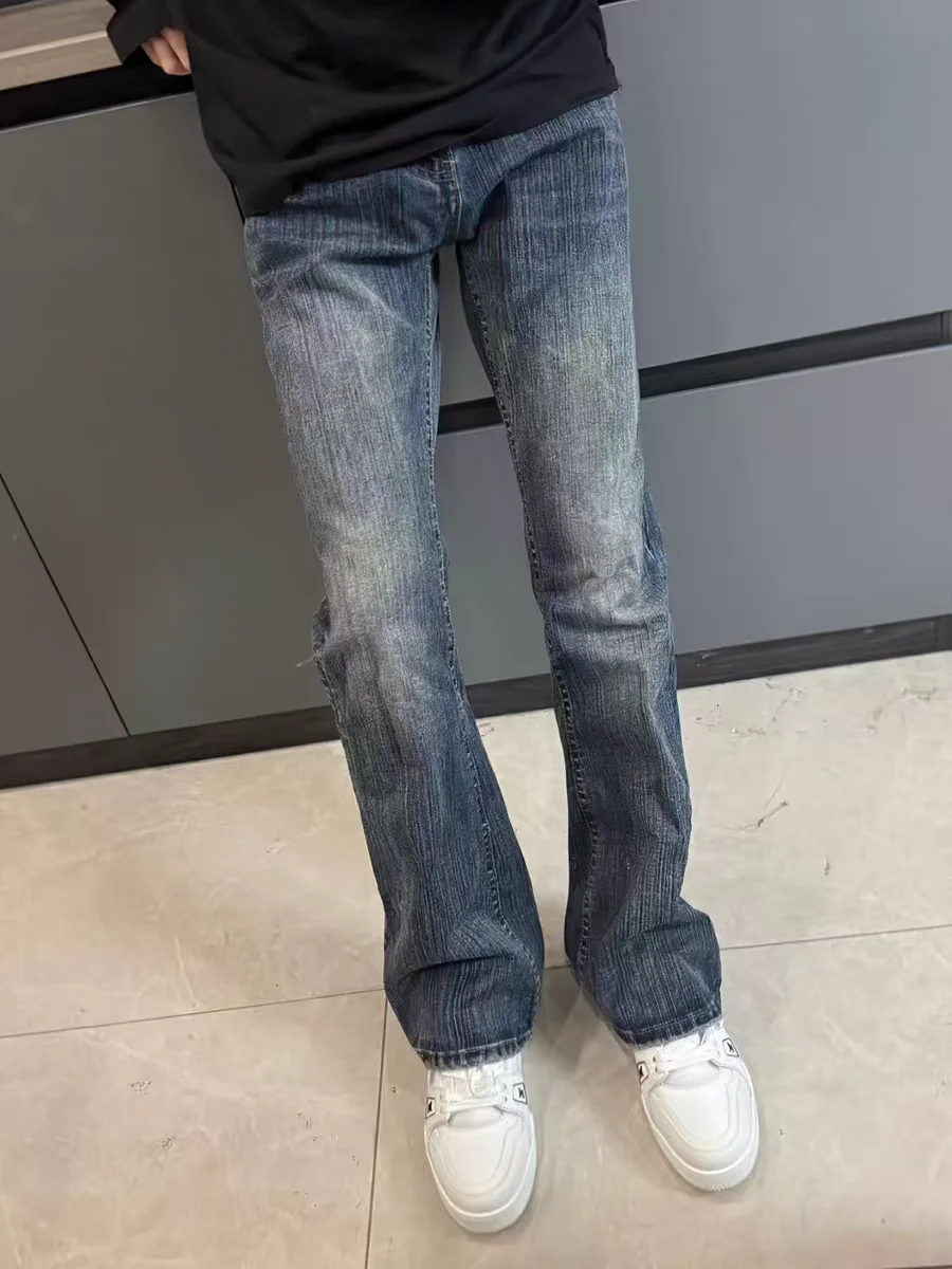 Retro American High Street Distressed Denim Jeans Men's Slim Fit Straight Leg Micro Flared Clean Fit Pants Bamboo Texture