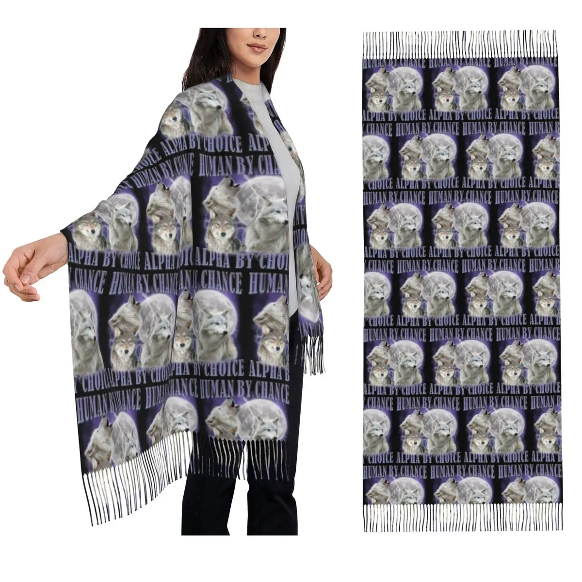 Human By Chance Alpha By Choice Wolf Meme Scarf Tassel Scarves Women Soft Warm Shawls and Wraps Long Fall Winter Shawl Wrap