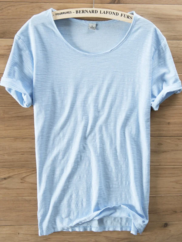 Summer Thin Bamboo Rayon Short Sleeve T-Shirt Men's Casual Japanese Style Worn-In Distressed Hem round Neck Slim Fit  Co...