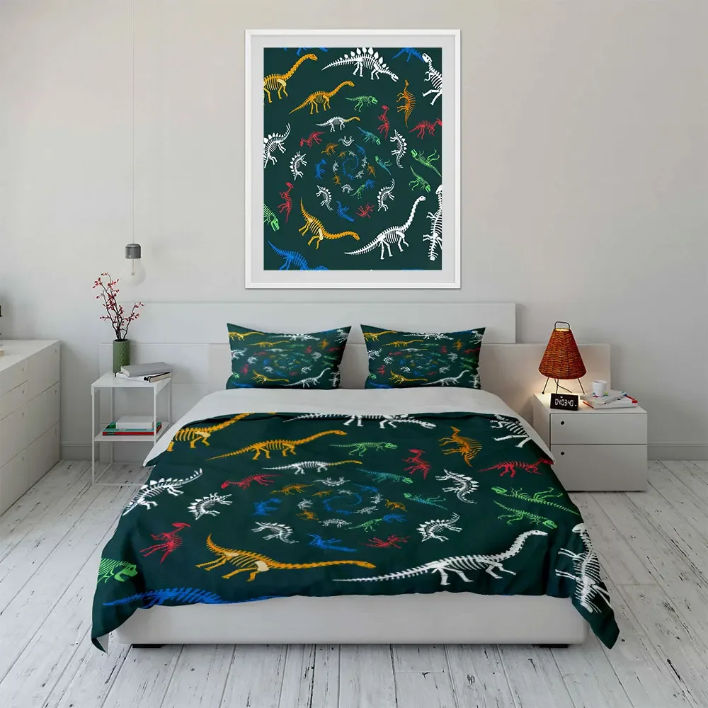 Colorful Dinosaur Skeleton Design Set Soft Comfortable Duvet Cover Bedding Set Included 1*Duvet Cover & 2*Pillowcases, gift