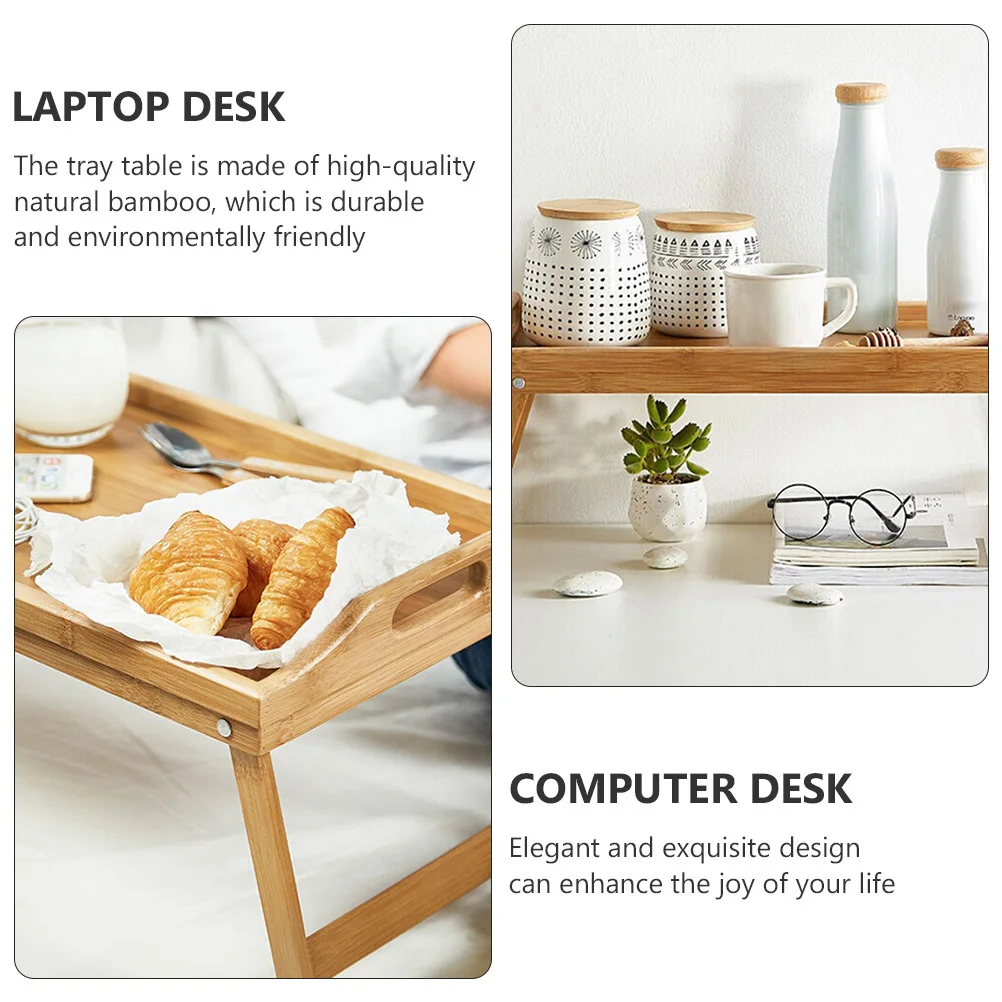 

1Pcs Folding Tray Bamboo Desktop Bed Laptop Table Breakfast Serving Tray for Sofa Bedroom Use Khaki Bamboo Desk