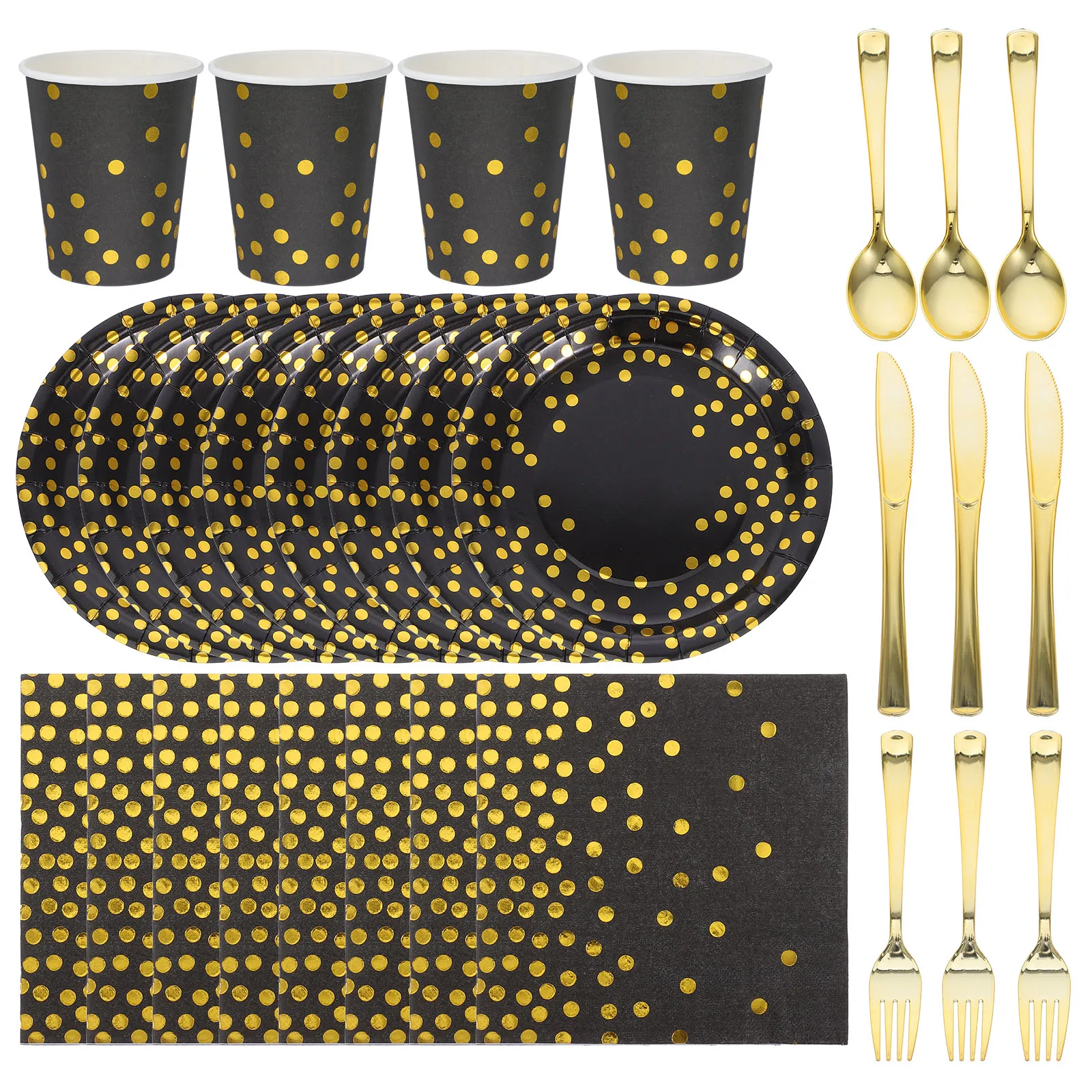 

24 set Party Tableware Set Disposable Black Gold Plates Cups Forks Knives Spoons Napkins Birthday Graduation Wedding