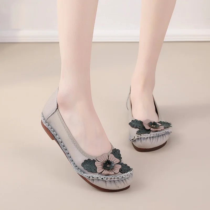 Retro Boho Shoes Women Genuine Leather Loafers Ladies Luxury Flats Ethnic Style Dressy Shoes Women\'s Cowhide Leather Flat Shoes
