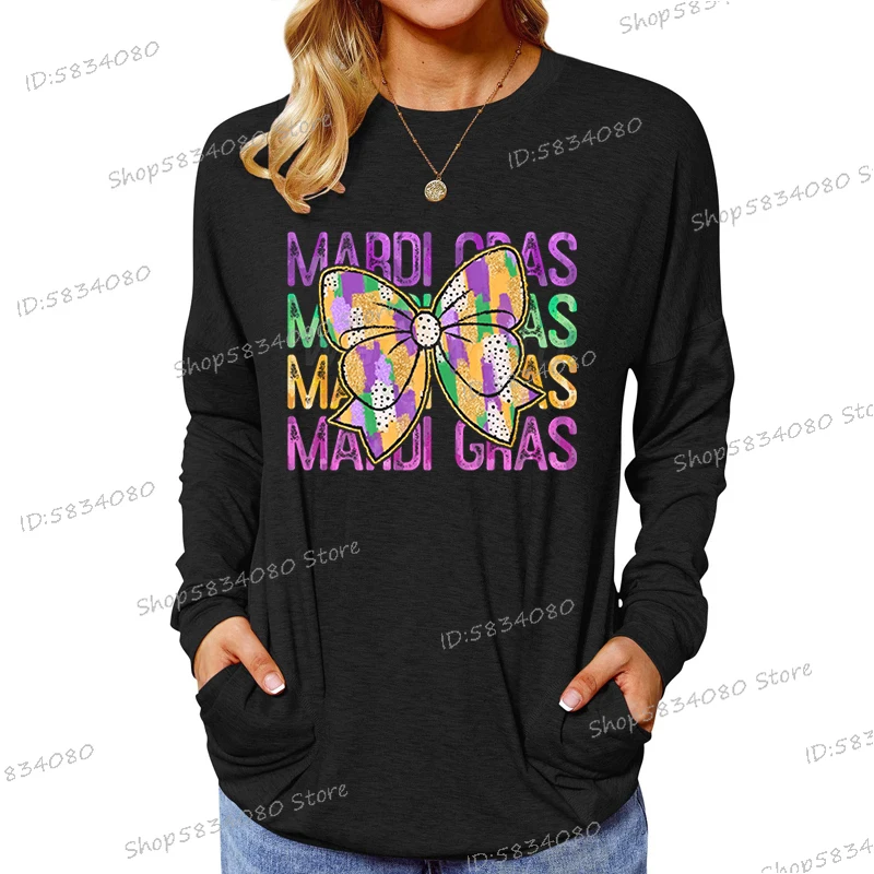 Mardi-Gras Bow Print Women T Shirt Vintage Round Neck Festival Party Streetwear Woman New Orleans Coquette Bow Mardi Gras Tshirt