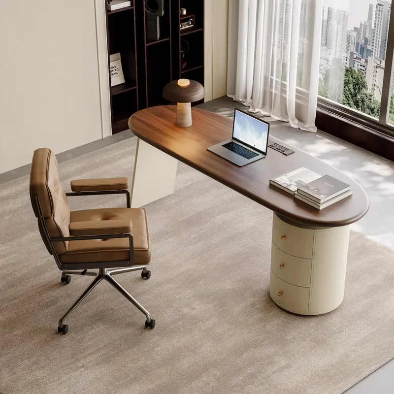 

French Retro Style Book Desk and Chair Combination Walnut Solid Wood with Cabinet High-end Light Luxury Computer Desk