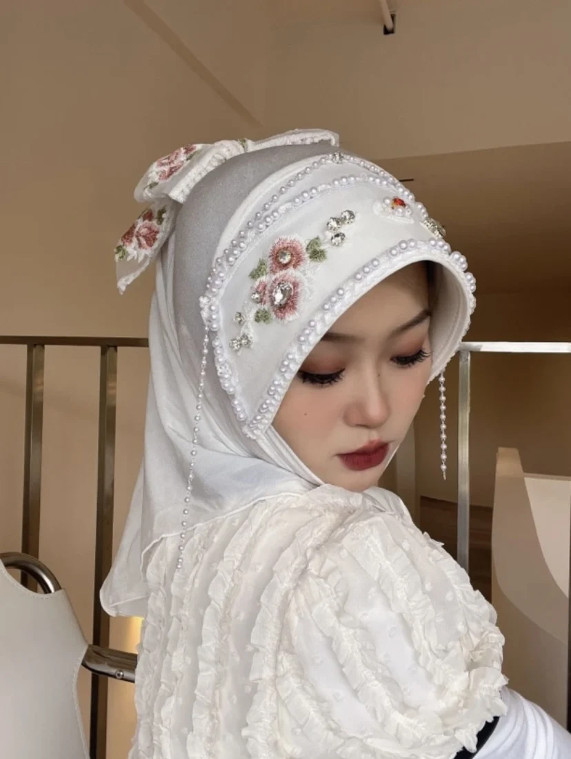 Pastoral Handmade Embroidery Muslim Islamic Hat Hijab Shawls With Bowknot