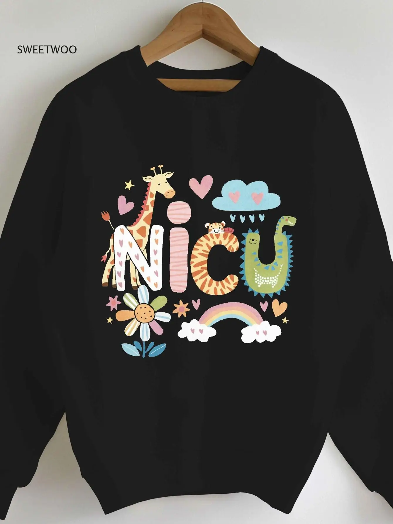 

Women's Print Crew Neck Sweatshirt - Vibrant Red Casual with Playful Giraffe, Dinosaur & Floral Design,machine Washable