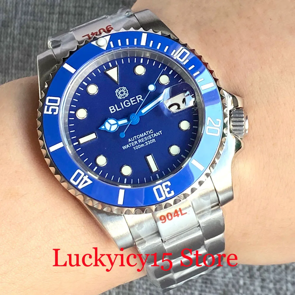 Bliger Black/Blue Dial Luminous New 40MM Japan NH35A Automatic Self-Wind Movement Men's Watch Sapphire Crystal Steel Bracelet